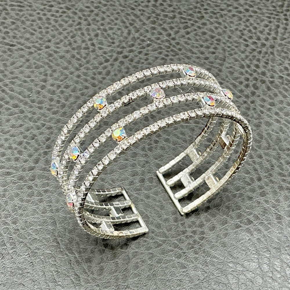 Silver Tone Rhinestone Cuff Bracelet Womens 7 In Triple Row Sparkle Evening